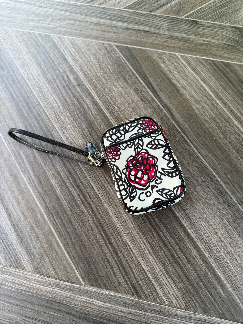 Coach Poppy Floral Wristlet Pouch - White, Black & Red Accents